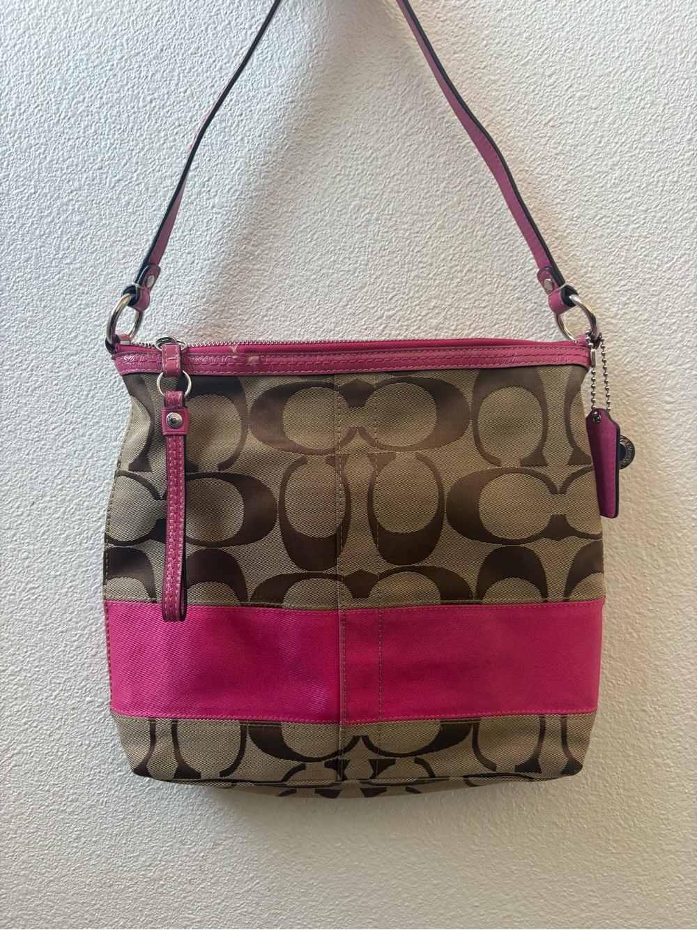 Coach Brown Signature Canvas Shoulder Bag with Hot Pink Trim